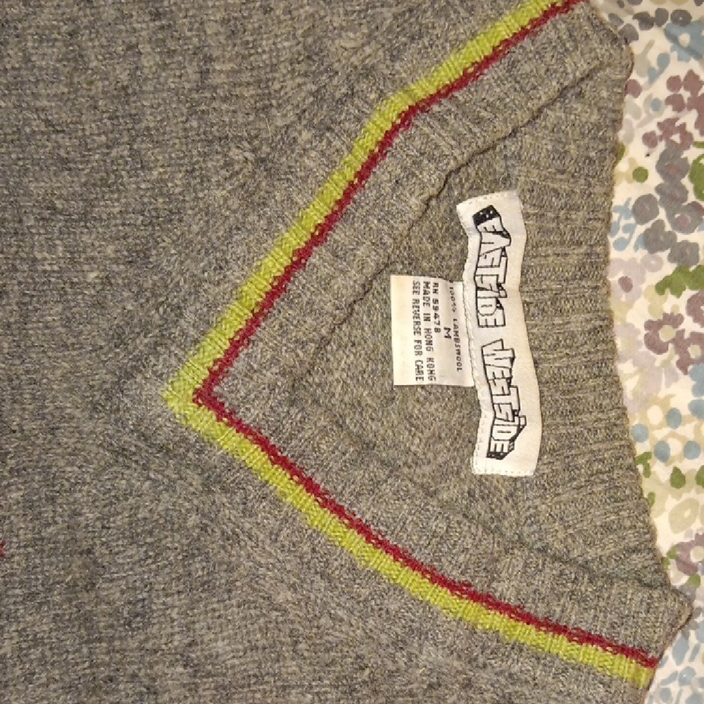 Gray Sweater with Red and Green Stripes